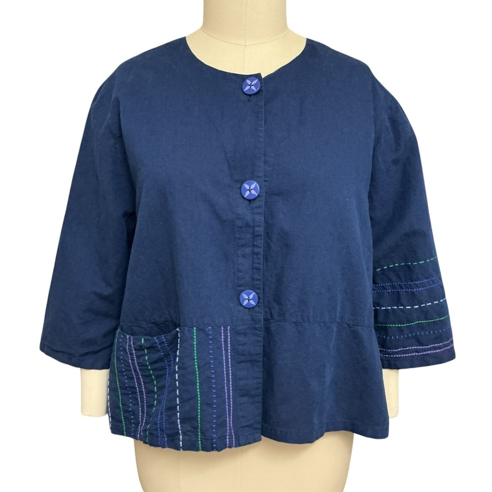 Gudrun Sjödén Embroidered Linen Blend Boxy Jacket sz XXL Indigo Blue